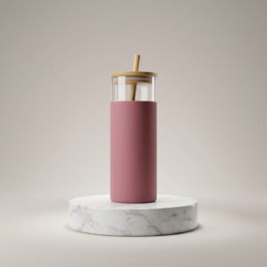 500ml Glass Tumbler with Bamboo Lid Reusable Bamboo Straw Pink Silicone Sleeve Leakproof Drinking Cup
