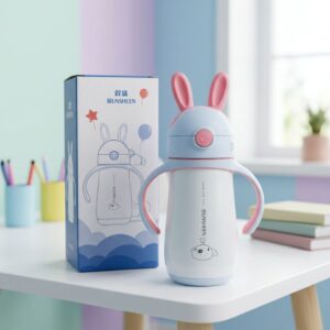 Bunny Ears Kids Insulated Stainless Steel Water Bottle with Straw Leakproof Sipper Bottle White Pink